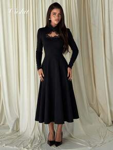 Vuslat Women's Winter New Chinese Style Stand Collar Frog Button Lace Hollow Long Sleeve Midi Dress For Evening Party, Date, Wedding Banquet - Black - View 2