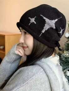 Multi-Color Four-Pointed Star Jacquard Slouchy Beanie, Unisex Autumn/Winter Drawstring Knitted Hat, Korean Style Slouchy Look, Ear-Flap Warm Headwear, 1pc Women's Winter Hat, Christmas New Year Gift - Multicolor - View 15