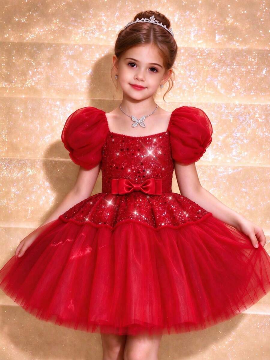 Girls' Elegant Luxury Red Bow Sequin Short Tulle Party Dress, Princess Dress For Birthday Party, Christmas - Red - View 1
