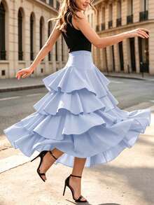 Vuslat Women's Winter Fashion Asymmetrical Hem Layered Ruffle High Waist Flare Long Skirt, Suitable For Evening, Commute, New Year, Christmas, Party - Blue - View 3