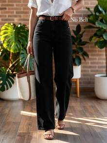 Women's Casual Elegant Black Denim Wide Leg Pants With Button Detail, Long Design, Creating A Fashionable Vintage Autumn Look - Black - View 2