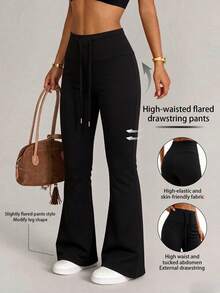 Women's Cinched Waist Flare Pants, High Elasticity Butt-Lifting Slim Fit Casual Fitness Sports Pants, Daily Wear - Black - View 2