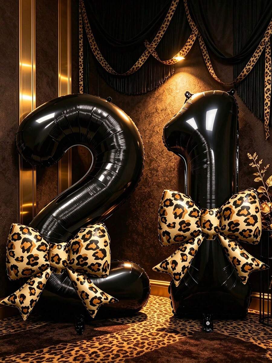 32 Inch Black Number Foil Balloons With Leopard Print Bow Balloons, 0-9 Mylar Number Balloon Set For Birthday Party, Wedding, Anniversary, Holiday Celebration, Backdrop Wall, Outdoor Party Decor, Photo Props - View 1