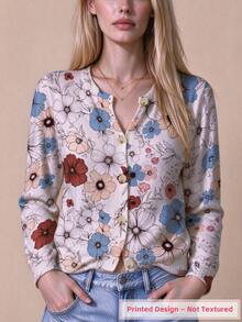 ADFHP Women Floral Print Crew Neck Long Sleeve Button Front Knit Cardigan, Casual Allover Flower Print Lightweight Sweater Jacket - Multicolor - View 1
