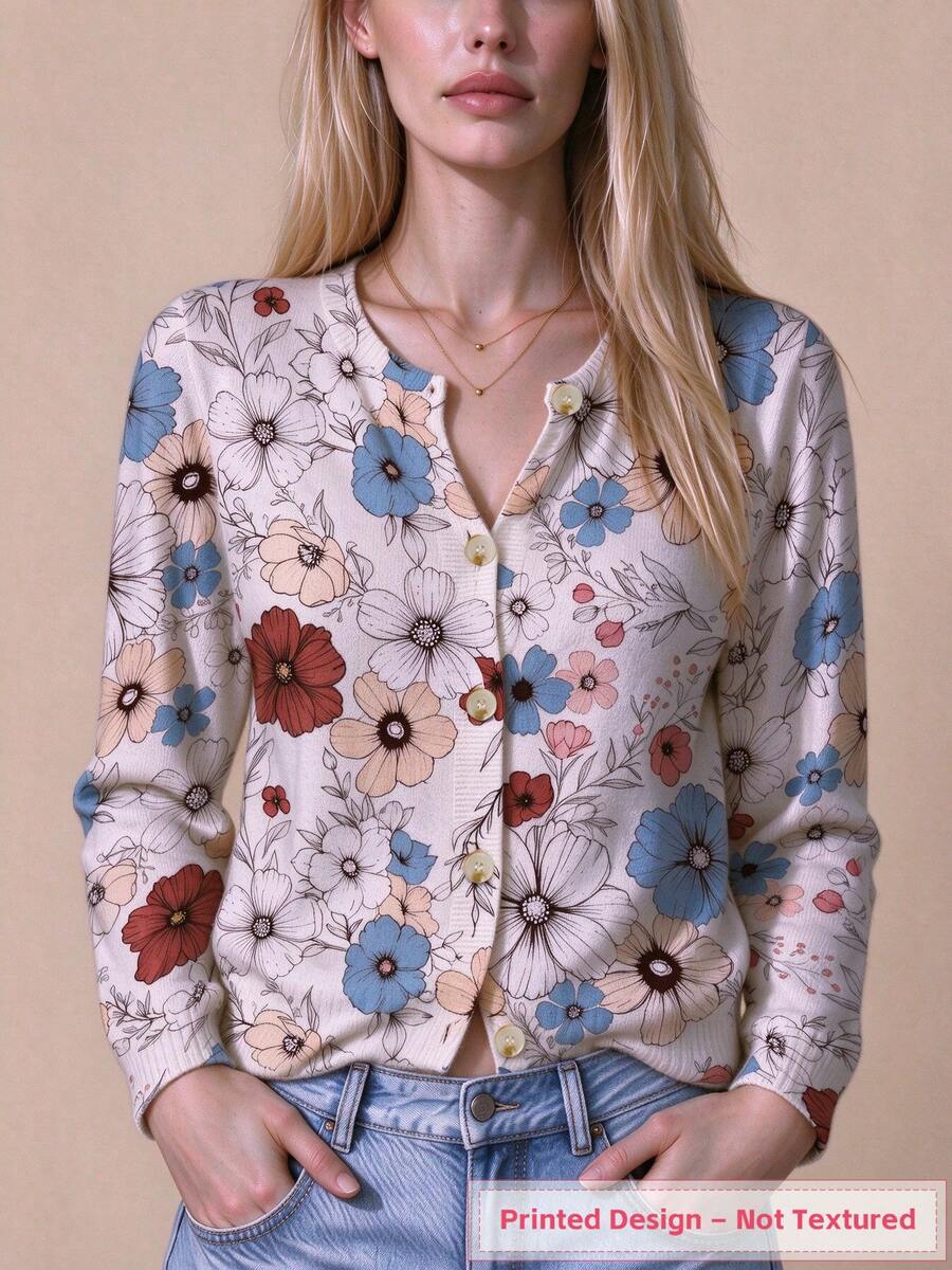 ADFHP Women Floral Print Crew Neck Long Sleeve Button Front Knit Cardigan, Casual Allover Flower Print Lightweight Sweater Jacket - Multicolor - View 1