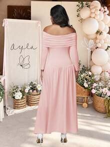 JustVH Maternity Cold Shoulder Long Sleeve Solid Color Maxi Dress, Autumn/Winter Style, Suitable For Baby Shower, Gender Reveal Party - Coral Pink - View 2