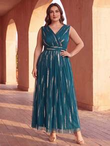 EVERPRETTY Plus Size Elegant Luxury Sequin Embroidered Duck Blue Formal Evening Gown Suitable For Wedding Guests, Bride's Mother, Party - Teal Blue - View 4
