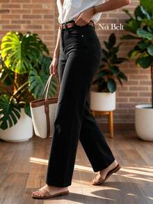 Women's Casual Elegant Black Denim Wide Leg Pants With Button Detail, Long Design, Creating A Fashionable Vintage Autumn Look - Black - View 3