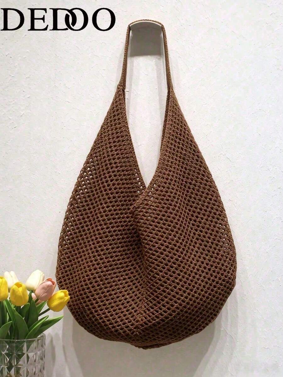 Dedoo Brown Hollow Mesh Knit Bohemian Shoulder Bag, Large Teardrop-Shaped Hollow Woven Tote Bag With Slim Integrated Long Handle