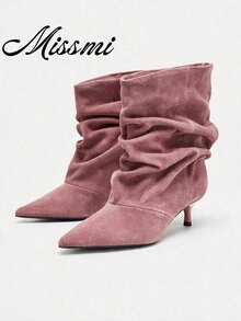 French Blogger Style Pointed Toe Wide Shaft Knee-High Boots, Ins Nordic Kitten Heel Riding Boots For Women - Pink - View 1