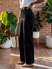 Women's Casual Elegant Black Denim Wide Leg Pants With Button Detail, Long Design, Creating A Fashionable Vintage Autumn Look - Black - View 6