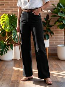 Women's Casual Elegant Black Denim Wide Leg Pants With Button Detail, Long Design, Creating A Fashionable Vintage Autumn Look - Black - View 5