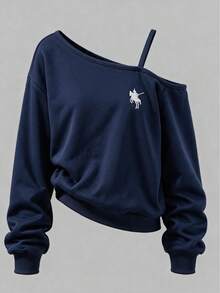 Big Girl College Style Cold Shoulder Sweatshirt + Pleated Skort Set, Horse Embroidery Long Sleeve Top, Thanksgiving Christmas Holiday Matching Outfit - Blue - View 3