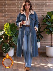 Vintage Lapel Lamb Fleece Long Denim Coat For Women, Autumn/Winter Over-The-Knee Denim Jacket - Blue - View 4