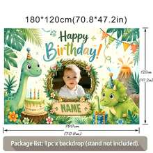 1pc Customizable Photo & Name Dinosaur Theme Birthday Backdrop, Tropical Jungle T-Rex Triceratops Volcano Gift Box Birthday Hat Decor Design, Outdoor Activity Party Cake Smash Decoration Photography Banner Vinyl, Birthday Gift, Party Supplies - Green - View 8