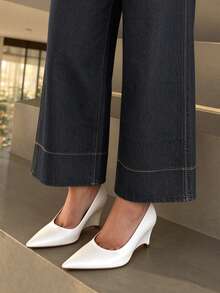 Women's Contrast Stitch Wide Leg Jeans, Mid-High Waist Flap Pocket Original Color Denim Straight Leg Wide Leg Pants, Autumn/Winter Outfit - Black - View 5
