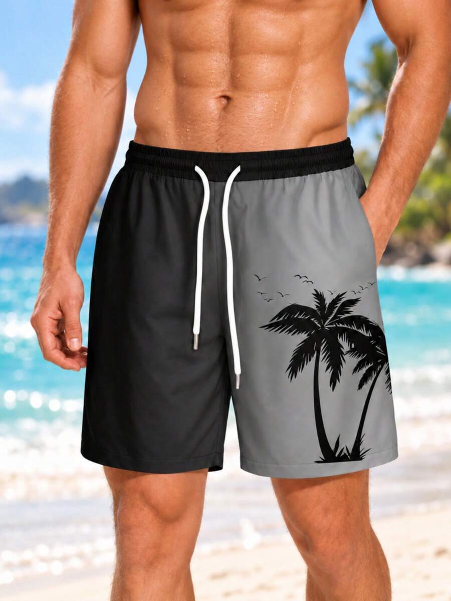 Men's Gradient Palm Print Unlined Drawstring Elastic Waist Slanted Pocket Casual Vacation Hawaiian Beach Shorts