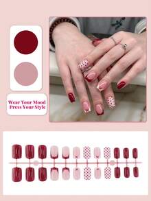 24pcs Medium Square Christmas Press-On Nails, Red French Tips With Red Polka Dots And Bow Decor, French Sweet Style Fake Nails For Girls/Women, Suitable For Daily, Christmas, Valentine's Day, Wedding, Party Nail Art - Multicolor - View 2
