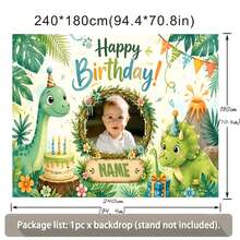 1pc Customizable Photo & Name Dinosaur Theme Birthday Backdrop, Tropical Jungle T-Rex Triceratops Volcano Gift Box Birthday Hat Decor Design, Outdoor Activity Party Cake Smash Decoration Photography Banner Vinyl, Birthday Gift, Party Supplies - Green - View 12
