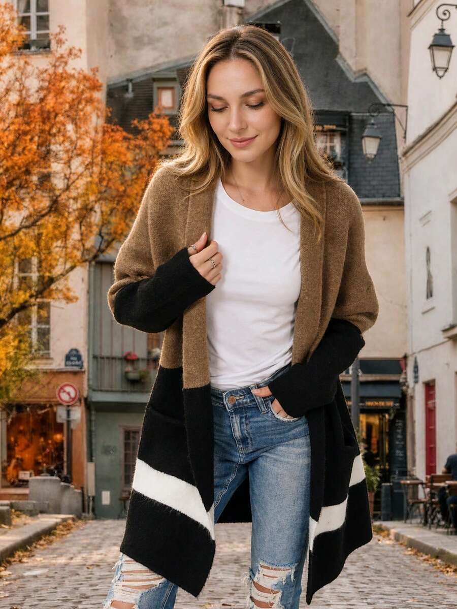 CILKOO Colorblock Drop Shoulder Cardigan - Brown - View 1