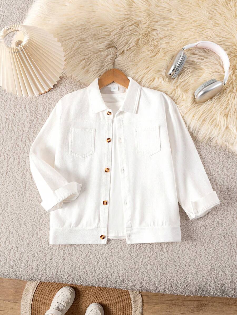 Boys' White Pure Cotton Long Sleeve Shirt Jacket Top, Suitable For Back To School, Daily Wear, Travel And Autumn - White - View 1