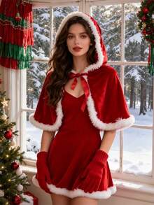 1 Piece Of Women's Christmas Costume, Santa Claus Hooded Shawl (Women's Style), Soft Velvet Plush Trimmed Cape, Bow Decoration Holiday Costume Cape, Christmas Eve Party Photo Costume Cape, Christmas Party Cosplay Costume Gift - Multicolor - View 10