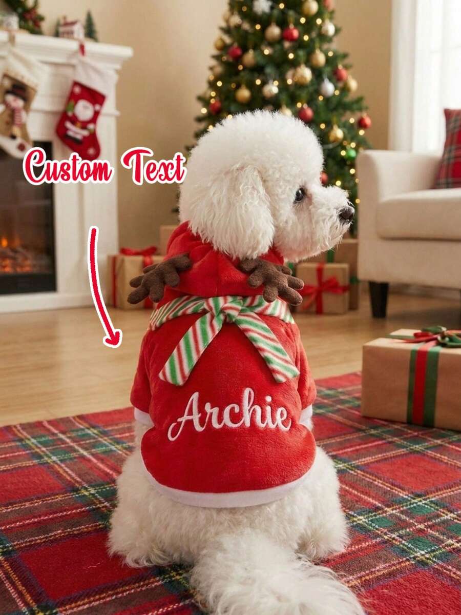 Personalized Dog Christmas Hoodie With Detachable Candy Stripe Scarf, Reindeer Antler Pet Sweatshirt, Customized Name Embroidered Winter Warm Puppy Clothes, Holiday Gift, Suitable For Small Dogs - Multicolor - View 1