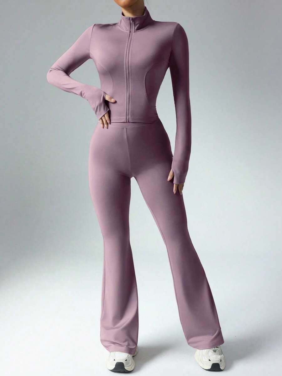 Women's Solid Color Long Sleeve Top & Slim Fit Pants Sports Set, Fitness Training Outfit, Gym Wear Set - Mauve Purple - View 1