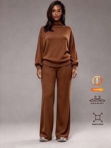 Speed mate Women's Autumn/Winter 2 Pieces Fleece Set, Loose High Neck Drop Shoulder Sweatshirt And Wide Leg Pants, Soft Warm Solid Color Matching, Suitable For Home, Daily, Shopping, Walking, Casual Outings - Brown - View 1