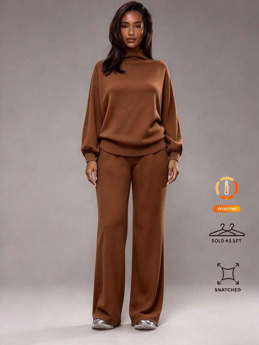 Speed mate Women's Autumn/Winter 2 Pieces Fleece Set, Loose High Neck Drop Shoulder Sweatshirt And Wide Leg Pants, Soft Warm Solid Color Matching, Suitable For Home, Daily, Shopping, Walking, Casual Outings - Brown - View 1