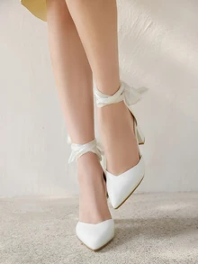 Clariva Fashionable Lace-Up Elegant Chunky Heel Pointed Toe Hollow Out High Heels, Suitable For Summer & Autumn Winter Gifts - White - View 4