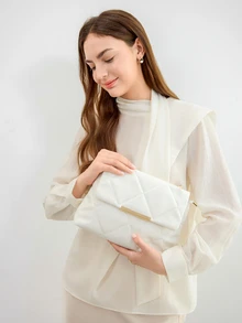 绗缝图案翻盖方包，金属装饰链条，商务休闲，便携，适合青少年女孩、女性、大学生、白领，完美适用于办公室、大学、小学、初中、高中、工作、商务、通勤，圣诞节冬季圣诞礼物 - 白色 - 查看 5