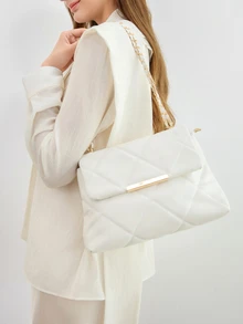 绗缝图案翻盖方包，金属装饰链条，商务休闲，便携，适合青少年女孩、女性、大学生、白领，完美适用于办公室、大学、小学、初中、高中、工作、商务、通勤，圣诞节冬季圣诞礼物 - 白色 - 查看 2