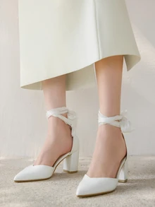 Clariva Fashionable Lace-Up Elegant Chunky Heel Pointed Toe Hollow Out High Heels, Suitable For Summer & Autumn Winter Gifts - White - View 2