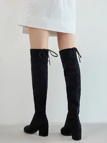 Minimalist Chunky Riding Boots Perfect With Dress, Match With Dress, Women's Stylish Black Solid Color High Heel Boots Winter Gifts - Black - View 5