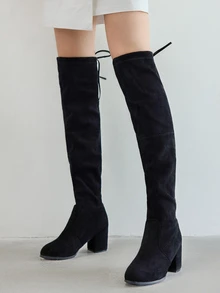 Minimalist Chunky Riding Boots Perfect With Dress, Match With Dress, Women's Stylish Black Solid Color High Heel Boots Winter Gifts - Black - View 6