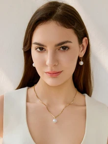 Juego de 3 piezas de collar y aretes de perlas falsas simples, adecuado para uso diario, festivales y fiestas de las mujeres. Regalo de Navidad y invierno - Amarillo Oro - Ver 5