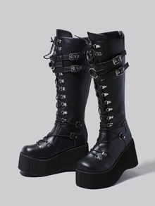 DareSee 女士时尚坡跟厚底马丁靴，系带，黑色，欧美风格冬季礼物音乐节 - 黑色 - 查看 1