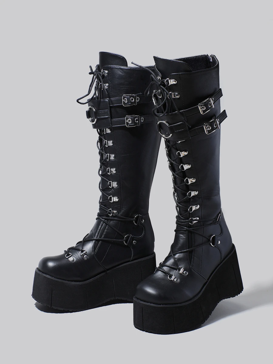 DareSee 女士时尚坡跟厚底马丁靴，系带，黑色，欧美风格冬季礼物音乐节 - 黑色 - 查看 1
