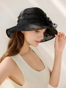 1pc Women's Fashion Sun Hat, Summer Straw Hat, Wide Brim Beach Hat, French Lady Hat, Elegant Gift Hat, 2025 New Collection Winter Gifts - Black - View 1
