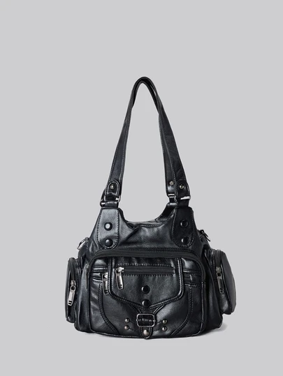 DareSee 女士大容量复古单肩包，采用柔软皮革材质，多口袋设计，水洗褶皱工艺，独特铆钉装饰，多功能手提包款式，适合机车女孩、摇滚风格女性，也是引人注目的女士工作包，圣诞节冬季圣诞礼物之选。