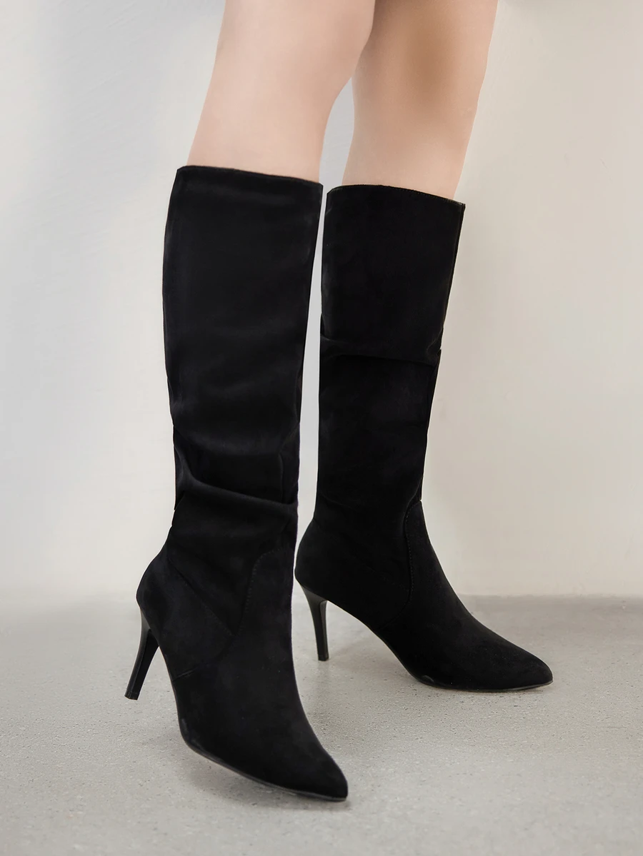 搭配紧身裤的理想之选，女士时尚尖头褶皱高跟靴，圣诞节冬季圣诞礼物