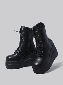 DareSee Women's Platform Boots, New 2025 Spring Autumn Fashion Lace-Up Zipper Ankle Boots With Increased Height Winter Gifts - Black - View 1