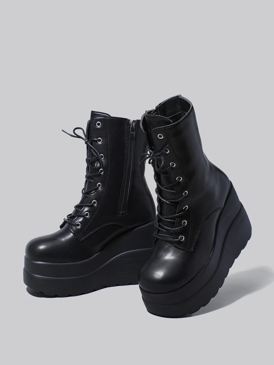 DareSee Women's Platform Boots, New 2025 Spring Autumn Fashion Lace-Up Zipper Ankle Boots With Increased Height Winter Gifts - Black - View 1