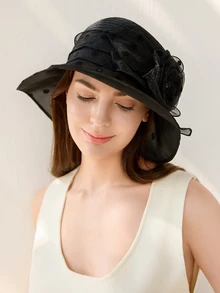 1pc Women's Fashion Sun Hat, Summer Straw Hat, Wide Brim Beach Hat, French Lady Hat, Elegant Gift Hat, 2025 New Collection Winter Gifts - Black - View 4