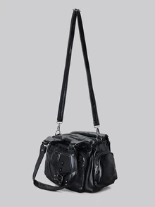 DareSee 女士大容量复古单肩包，采用柔软皮革材质，多口袋设计，水洗褶皱工艺，独特铆钉装饰，多功能手提包款式，适合机车女孩、摇滚风格女性，也是冬季音乐节的吸睛工作包之选。 - 黑色 - 查看 4