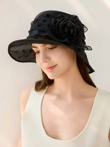 1pc Women's Fashion Sun Hat, Summer Straw Hat, Wide Brim Beach Hat, French Lady Hat, Elegant Gift Hat, 2025 New Collection Winter Gifts - Black - View 3