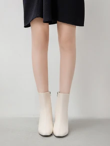 完美搭配女士冬季服装，法式优雅高跟踝靴，皮革鞋面，粗跟设计，2024秋冬新款时尚工装靴，圣诞节冬季礼物之选。