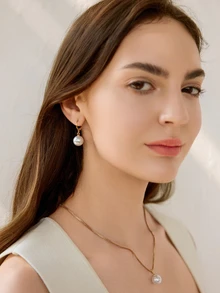 Juego de 3 piezas de collar y aretes de perlas falsas simples, adecuado para uso diario, festivales y fiestas de las mujeres. Regalo de Navidad y invierno - Amarillo Oro - Ver 4