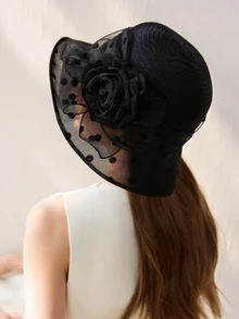 1pc Women's Fashion Sun Hat, Summer Straw Hat, Wide Brim Beach Hat, French Lady Hat, Elegant Gift Hat, 2025 New Collection Winter Gifts - Black - View 5